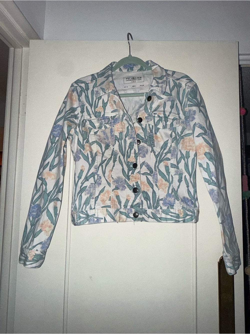 FC JEANS Floral Denim Jacket Womens 8 Button Front Long Sleeve Pockets